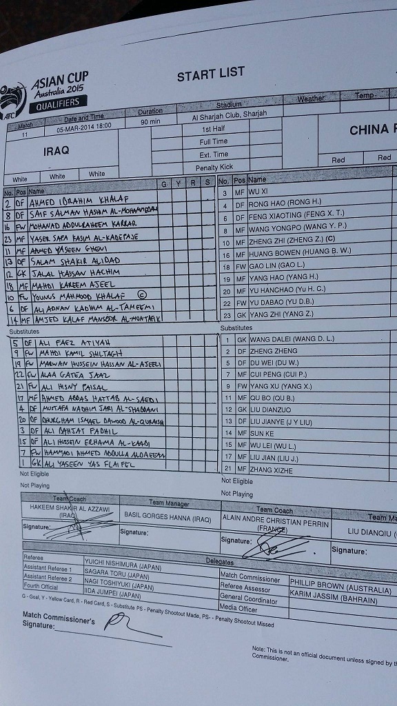 تشكيلة المنتخب العراقي الذي سيلعب مع الصين كما وردنا من ملعب الشارقة