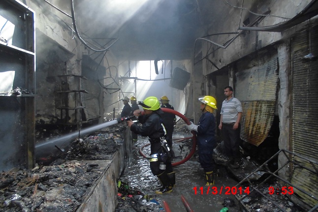 كربلاء :اندلاع حريق في سوق الدهان(شورجة كربلاء) بسبب تماس كهربائي