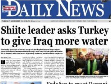 صحيفة تركية: المرجع السيستاني طالب اوغلو بالاحتكام دوليا لمشكلة المياه وتجنب الصِدام الطائفي