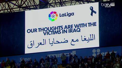 بالفيديو: ريال مدريد يرتدي الشارات السوداء والجمهور الاسباني يقف دقيقة صمت حزناً على ارواح شهداء العراق