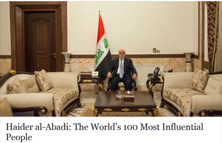 مجلة تايم الشهيرة تختار رئيس الوزراء الدكتور حيدر العبادي كافضل الشخصيات المؤثرة في العالم ضمن تصنيف لعام 2018