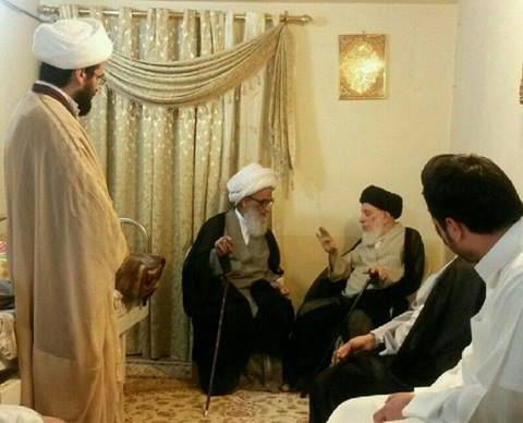 بالصورة المرجع الحكيم يزور المرجع النجفي في داره للاطمئنان على سلامته