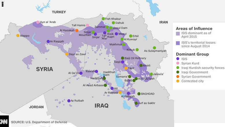 البنتاغون ينشر خريطة تبين المناطق التي يسيطر عليها داعش حتى ابريل الجاري