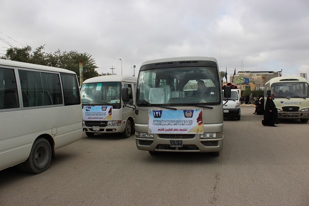 400 واسطة نقل مع 1000 سائق تابعين للعتبة الحسينية ينتشرون على محاور كربلاء لنقل زوار الاربعين