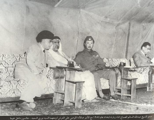 صورة نادرة تجمع نوري السعيد وعبد الاله مع عبد الله سالم الصباح عام 1954