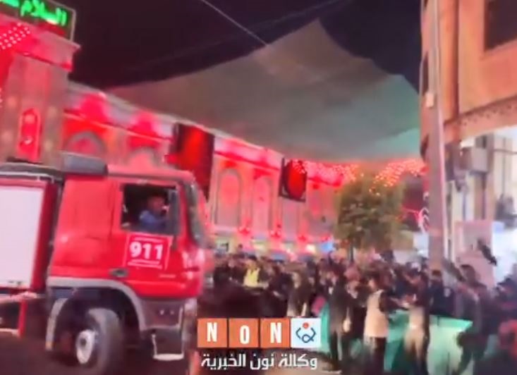 فيديو:سيارات الدفاع المدني تطفئ حريقا نشب في فندق ( قمر العلقمي) قرب حرم ابي الفضل العباس