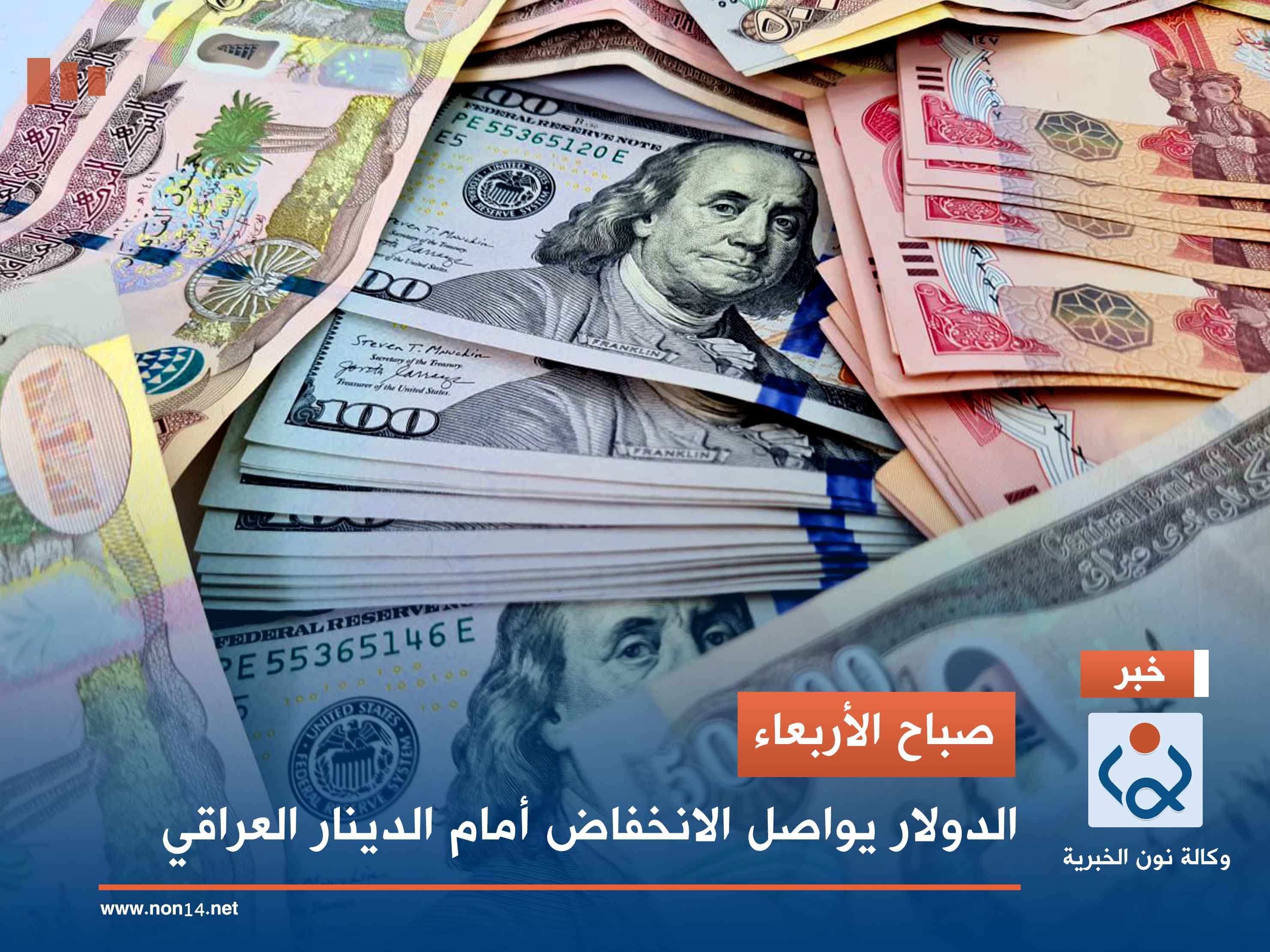 صباح الأربعاء.. الدولار يواصل الانخفاض أمام الدينار العراقي