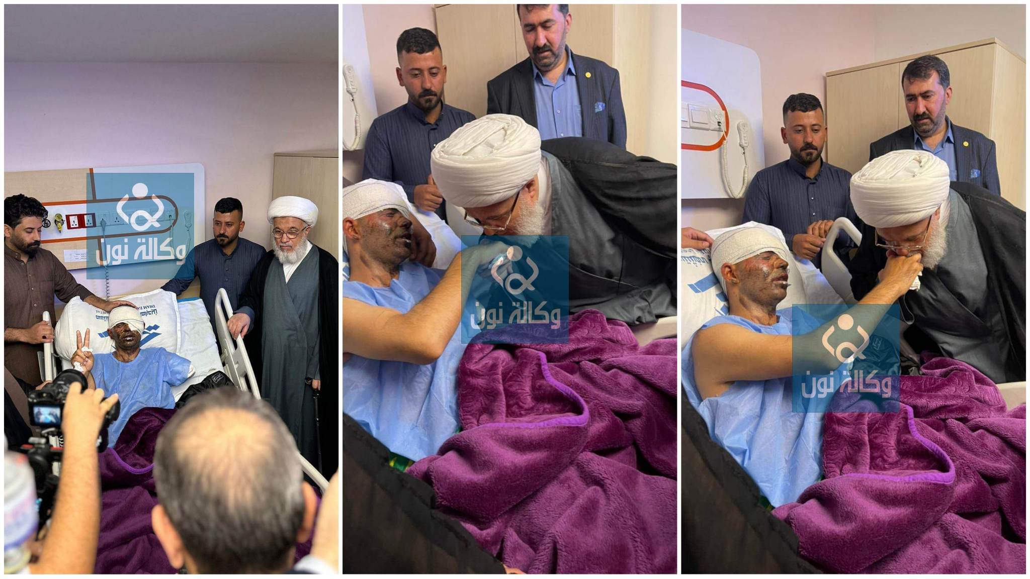 زار جرحى لواء علي الاكبر.. ممثل المرجع السيستاني يقبل يد مقاتل فقد عينه واحدى يديه (صور)