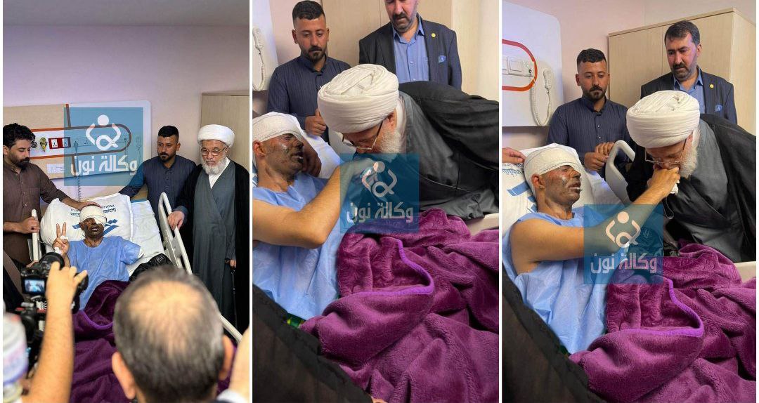 بعد ان تكفلت العتبة الحسينية بعلاجه مجانا :جريح فقد عينه واحدى ذراعيه يلتقي وعائلته ممثل السيستاني(صور)