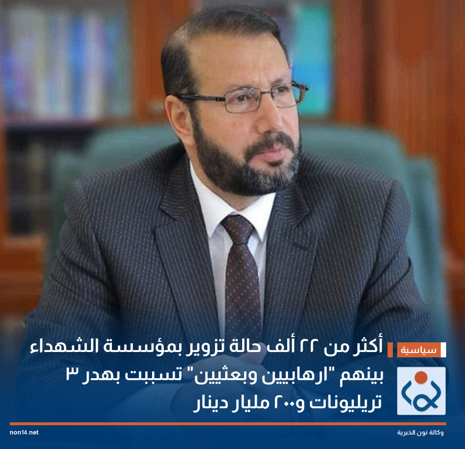 أكثر من 22 ألف حالة تزوير بمؤسسة الشهداء بينهم "ارهابيين وبعثيين" تسببت بهدر 3 تريليونات و200 مليار دينار