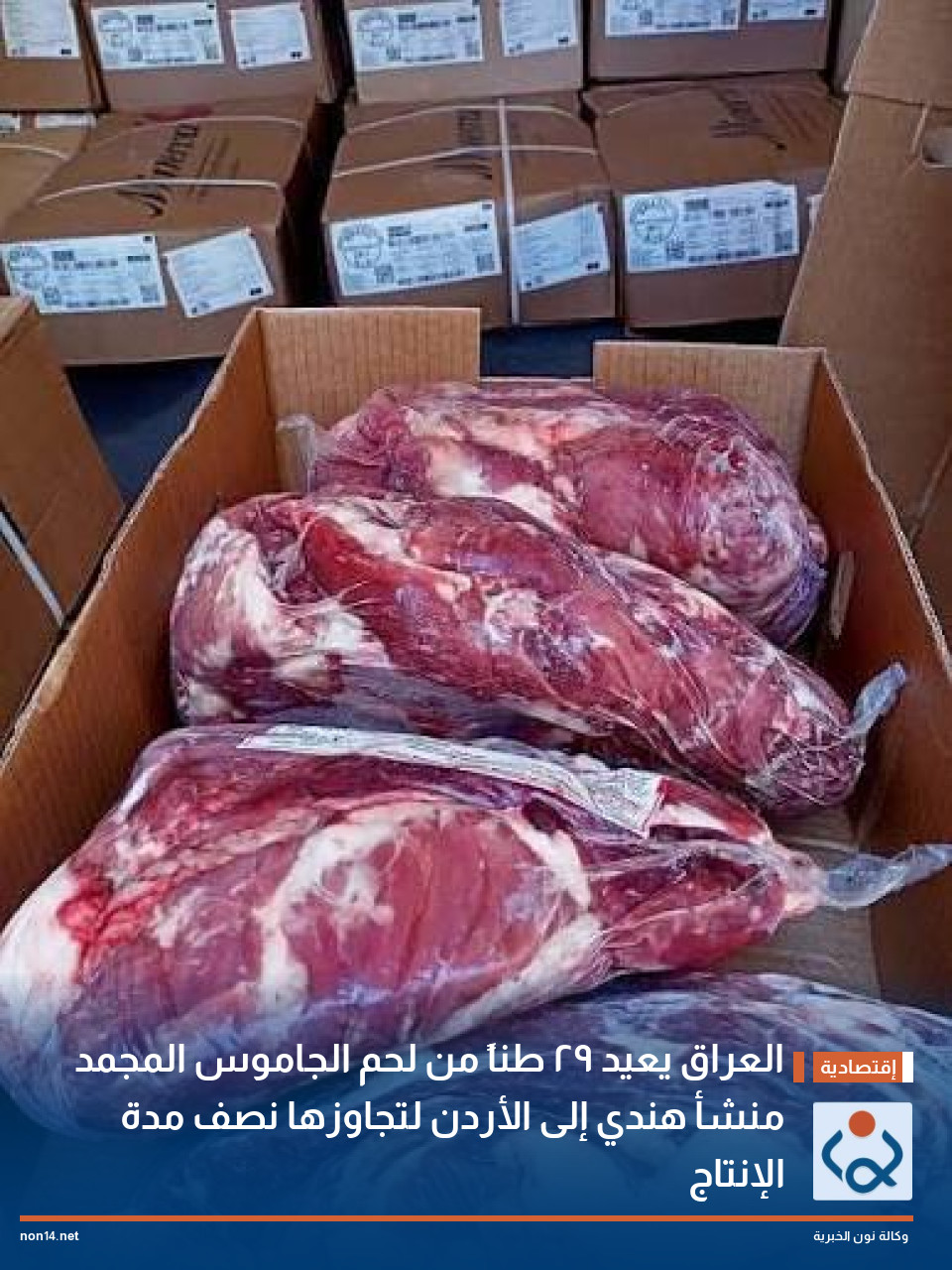 العراق يعيد 29 طناً من لحم الجاموس المجمد منشأ هندي إلى الأردن لتجاوزها نصف مدة الإنتاج
